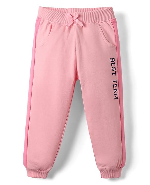 Babyhug Terry Knit Full Length Lounge Pant With Text Print - Pink