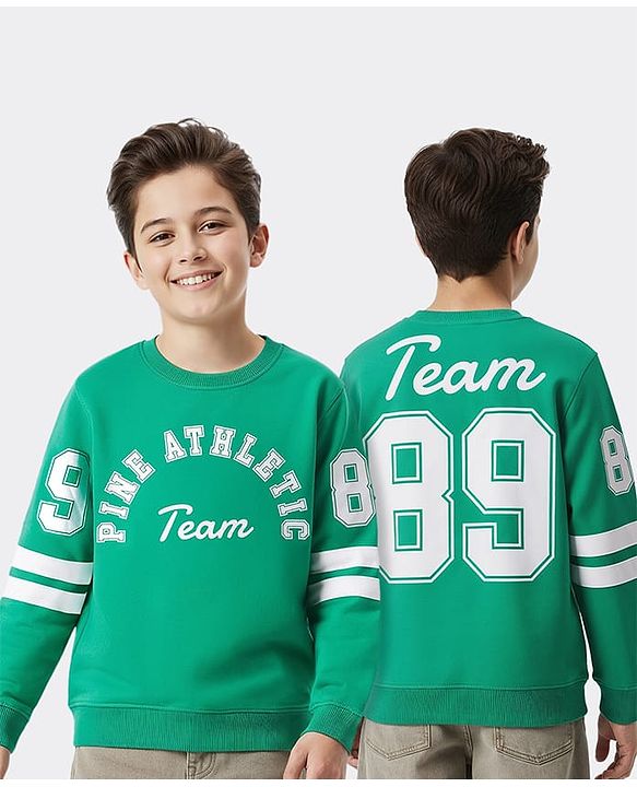 Pine Kids Cotton Knit Full Sleeves Sweatshirt With Front & Back Text Print - Green