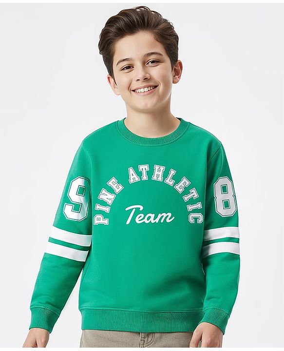 Pine Kids Cotton Knit Full Sleeves Sweatshirt With Front & Back Text Print - Green