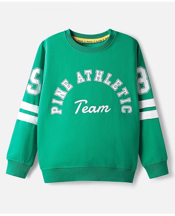 Pine Kids Cotton Knit Full Sleeves Sweatshirt With Front & Back Text Print - Green
