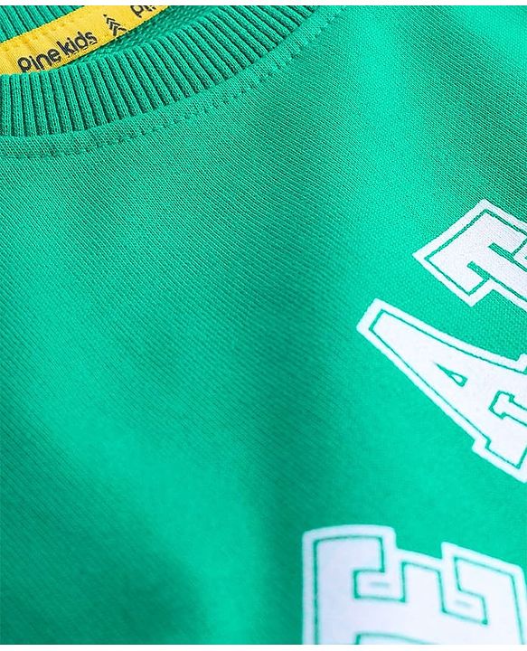 Pine Kids Cotton Knit Full Sleeves Sweatshirt With Front & Back Text Print - Green