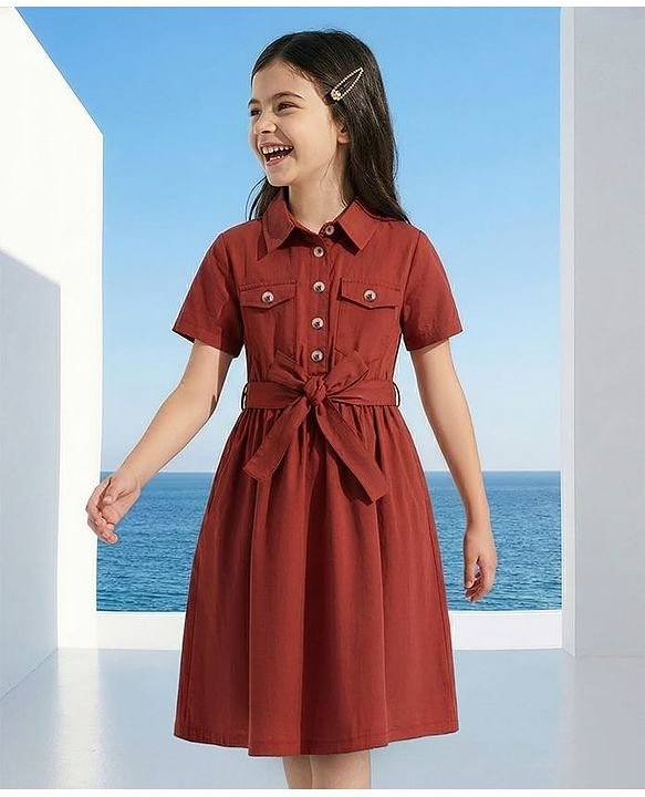 Pine Kids 100% Cotton Half Sleeves Solid Coloured Dress With Belt & Collar Neck - Red