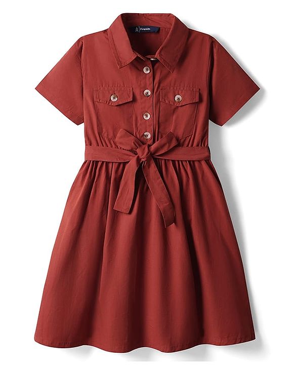Pine Kids 100% Cotton Half Sleeves Solid Coloured Dress With Belt & Collar Neck - Red