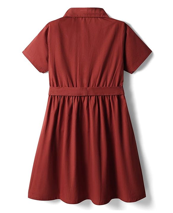 Pine Kids 100% Cotton Half Sleeves Solid Coloured Dress With Belt & Collar Neck - Red