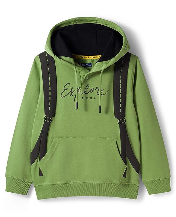 Pine Kids Cotton Knit Full Sleeves Hooded Sweatshirt With Front & Back Explorer Print & Kangaroo Pockets - Green
