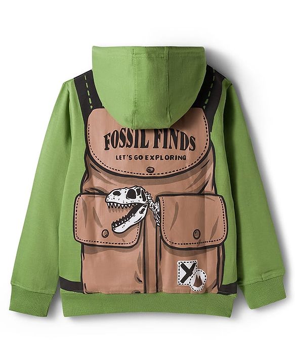 Pine Kids Cotton Knit Full Sleeves Hooded Sweatshirt With Front & Back Explorer Print & Kangaroo Pockets - Green