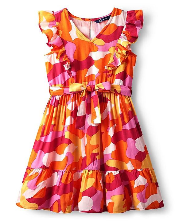 Pine Kids Rayon Woven Frill Sleeves Frock with Fabric Belt & Abstract Print - Multicolor