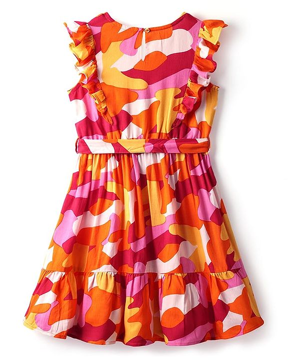 Pine Kids Rayon Woven Frill Sleeves Frock with Fabric Belt & Abstract Print - Multicolor