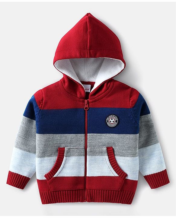 Babyhug Knit Full Sleeves Front Open Hooded Sweater With Kangaroo Pockets & Stripes - Red