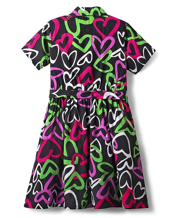 Pine Kids Rayon Woven Half Sleeves Shirt Dress With Heart Print - Black