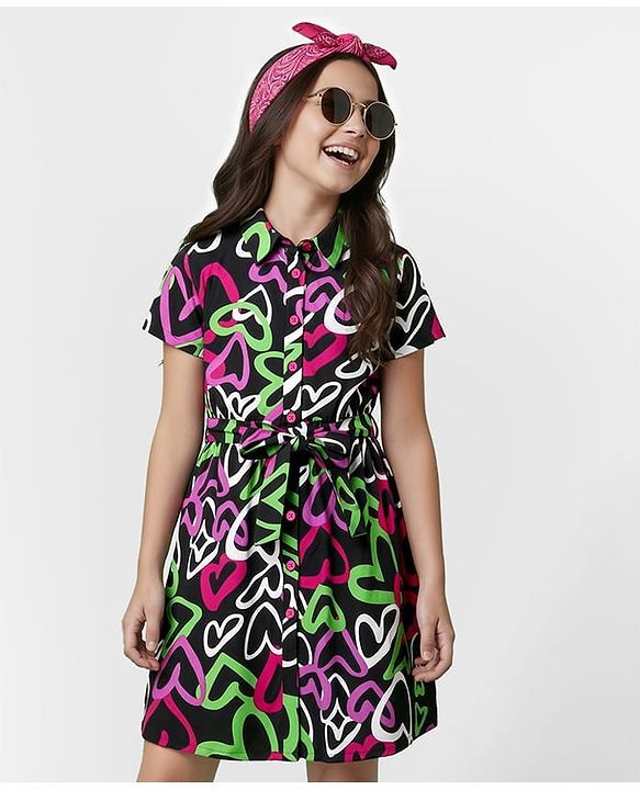 Pine Kids Rayon Woven Half Sleeves Shirt Dress With Heart Print - Black