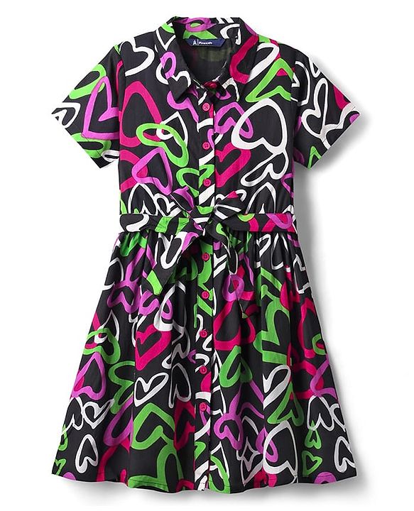 Pine Kids Rayon Woven Half Sleeves Shirt Dress With Heart Print - Black