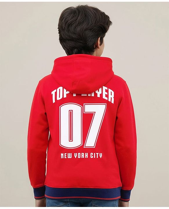 Pine Kids Cotton Knit Full Sleeves Hooded Sweatshirt with Front & Back Text Graphic & Kangaroo Pocket - Red