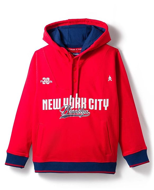 Pine Kids Cotton Knit Full Sleeves Hooded Sweatshirt with Front & Back Text Graphic & Kangaroo Pocket - Red
