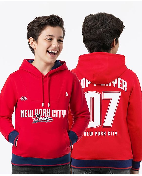 Pine Kids Cotton Knit Full Sleeves Hooded Sweatshirt with Front & Back Text Graphic & Kangaroo Pocket - Red