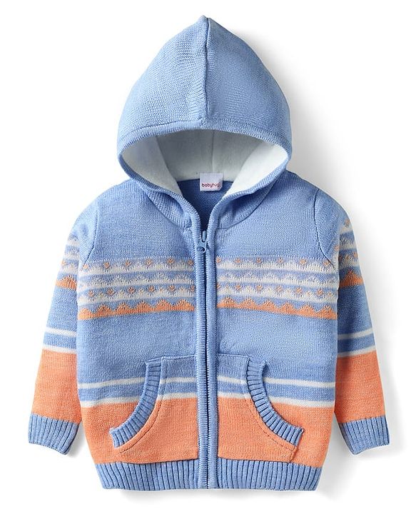 Babyhug Knit Full Sleeves Hooded Sweater With Abstract Design & Kangaroo Pockets - Multicolour