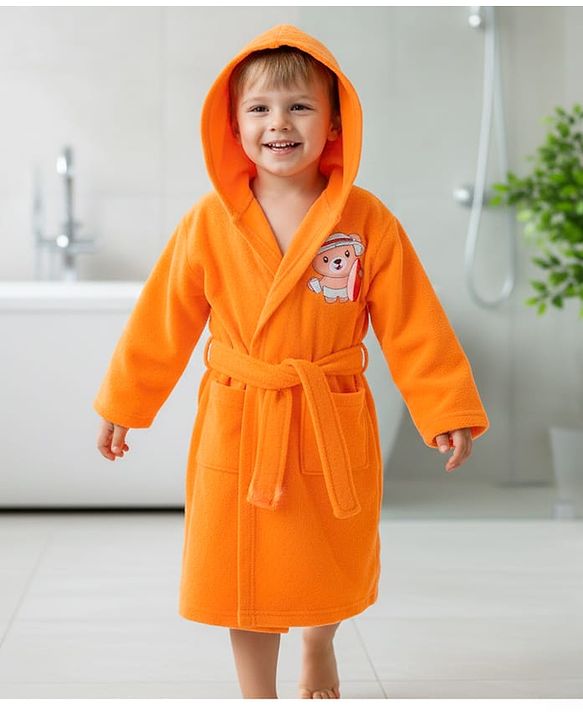 Babyhug Terry Cotton Knit Full Sleeves  Bathrobe with Hood & Bear Embroidery - Orange
