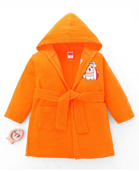Babyhug Terry Cotton Knit Full Sleeves  Bathrobe with Hood & Bear Embroidery - Orange