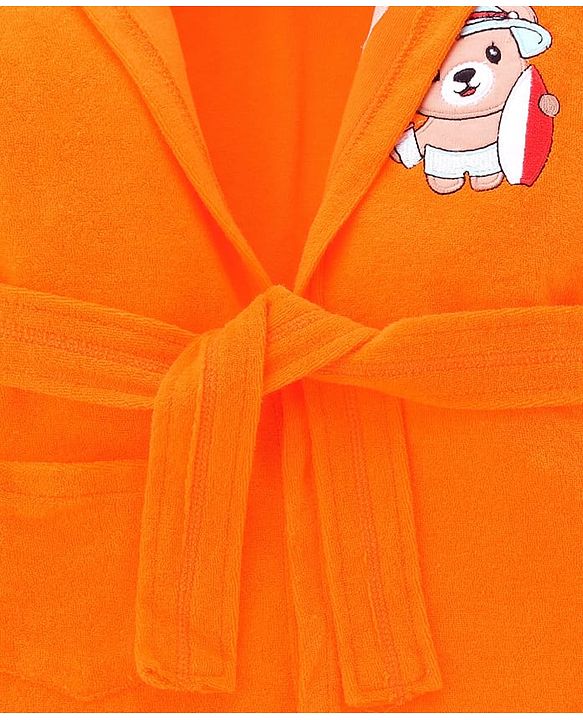 Babyhug Terry Cotton Knit Full Sleeves  Bathrobe with Hood & Bear Embroidery - Orange