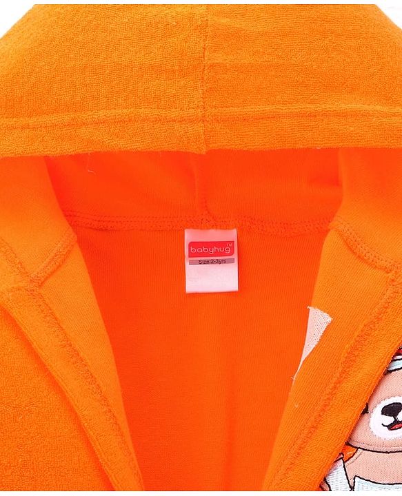 Babyhug Terry Cotton Knit Full Sleeves  Bathrobe with Hood & Bear Embroidery - Orange