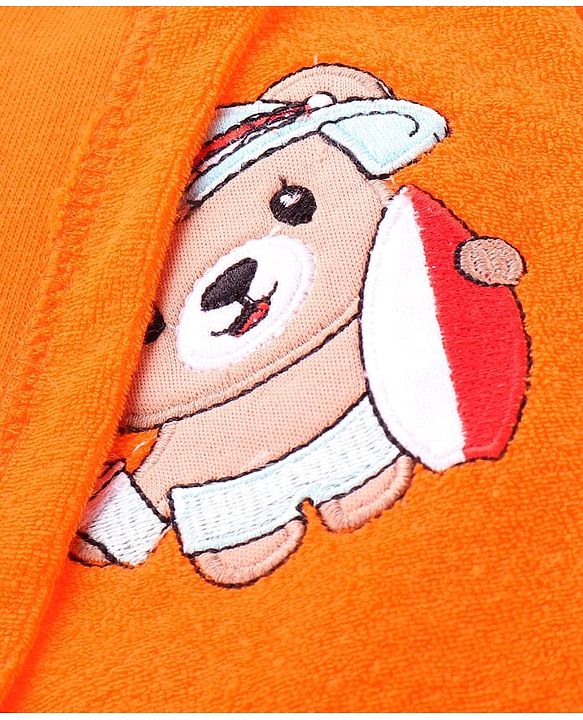 Babyhug Terry Cotton Knit Full Sleeves  Bathrobe with Hood & Bear Embroidery - Orange