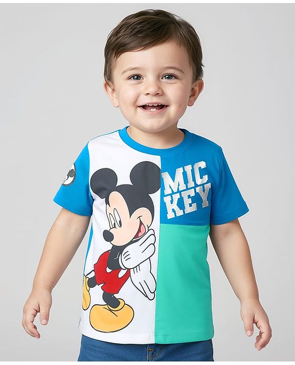 Babyhug Disney Single Jersey Knit Half Sleeves Cut & Sew T-Shirt with Mickey Mouse Graphics - Multicolor