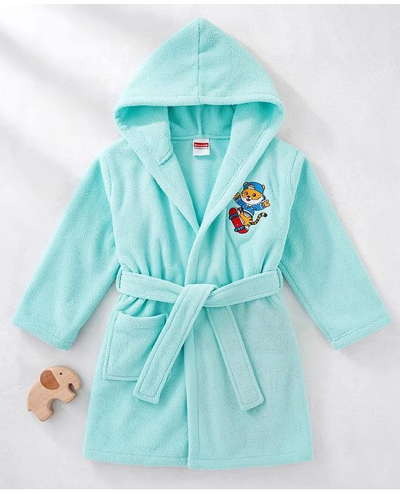 Babyhug Terry Knit Full Sleeves Hooded Bathrobe Tiger Embroidery - Aqua Blue
