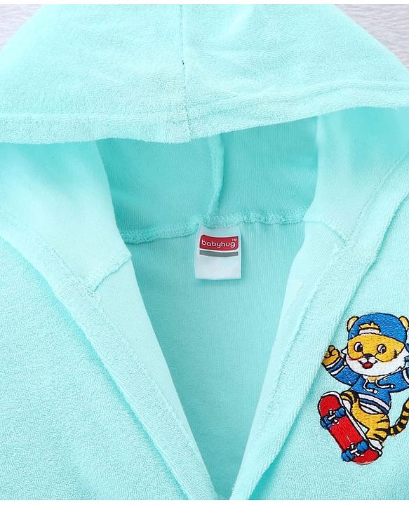 Babyhug Terry Knit Full Sleeves Hooded Bathrobe Tiger Embroidery - Aqua Blue