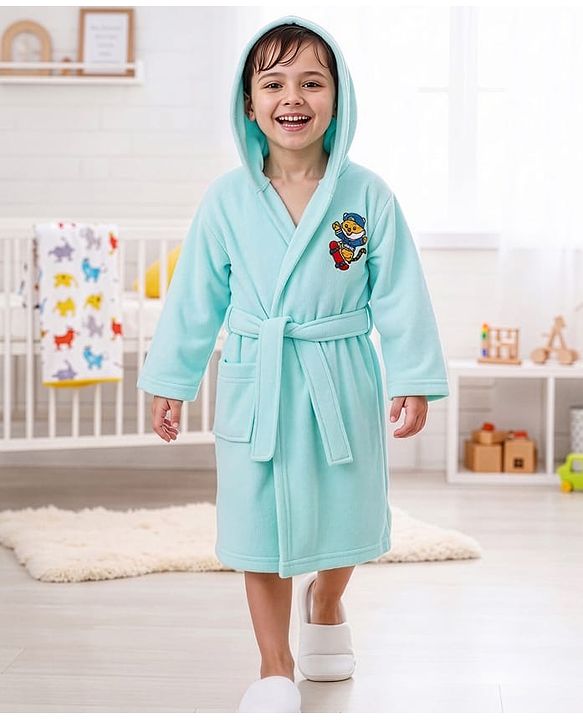 Babyhug Terry Knit Full Sleeves Hooded Bathrobe Tiger Embroidery - Aqua Blue