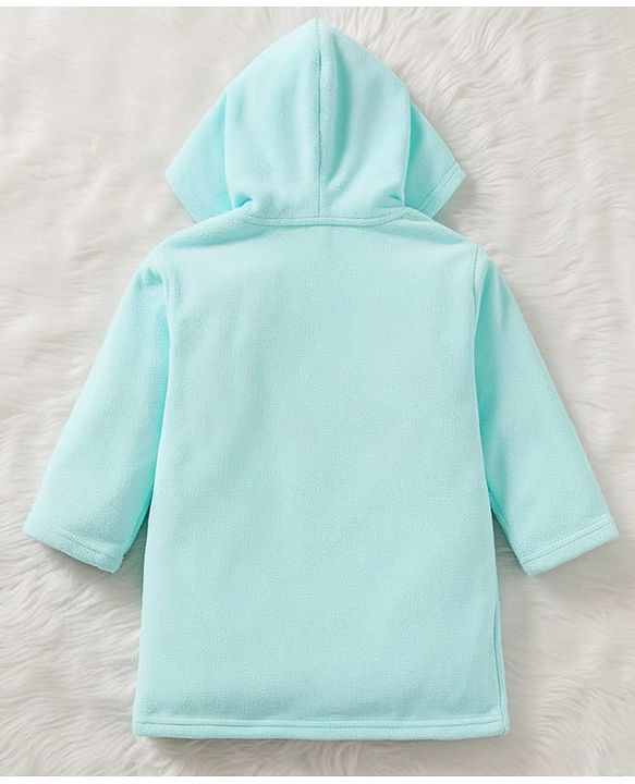 Babyhug Terry Knit Full Sleeves Hooded Bathrobe Tiger Embroidery - Aqua Blue
