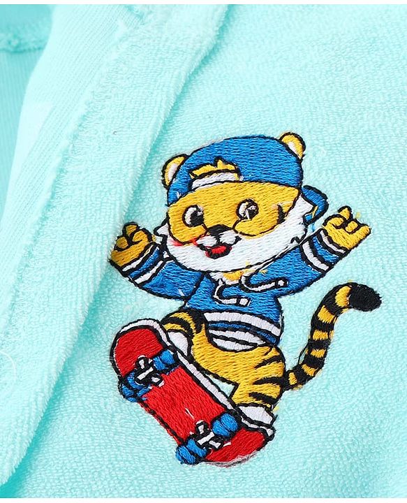 Babyhug Terry Knit Full Sleeves Hooded Bathrobe Tiger Embroidery - Aqua Blue