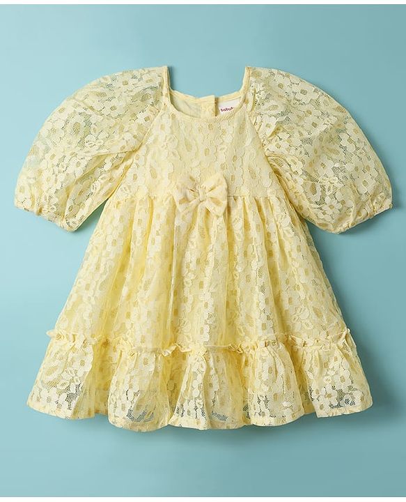 Babyhug 100% Cotton Half Raglan Sleeves Frock With Floral Design & Bow Applique - Yellow