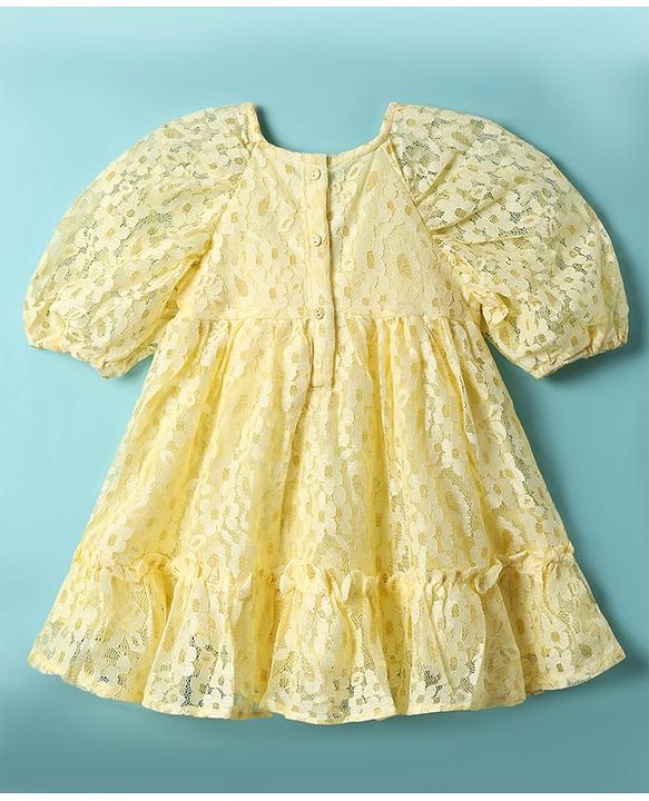Babyhug 100% Cotton Half Raglan Sleeves Frock With Floral Design & Bow Applique - Yellow