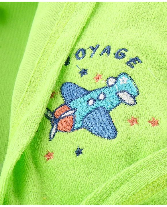 Babyhug Terry Knit Full Sleeves Hooded Bathrobe Airplane Embroidery - Light Green