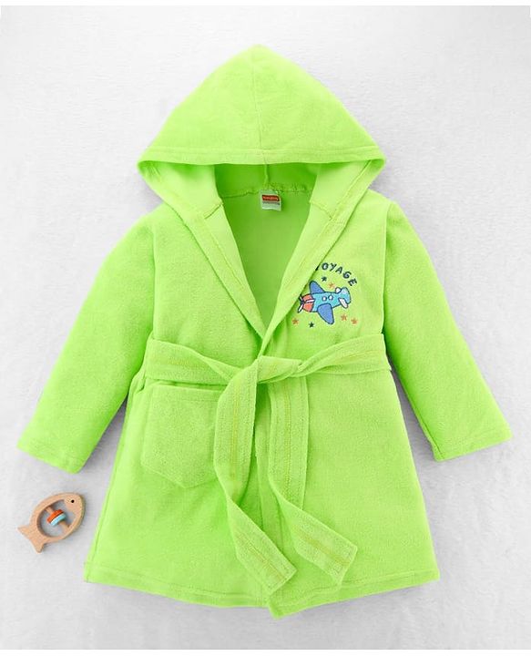 Babyhug Terry Knit Full Sleeves Hooded Bathrobe Airplane Embroidery - Light Green