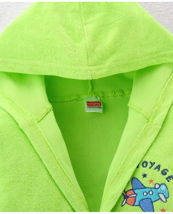 Babyhug Terry Knit Full Sleeves Hooded Bathrobe Airplane Embroidery - Light Green
