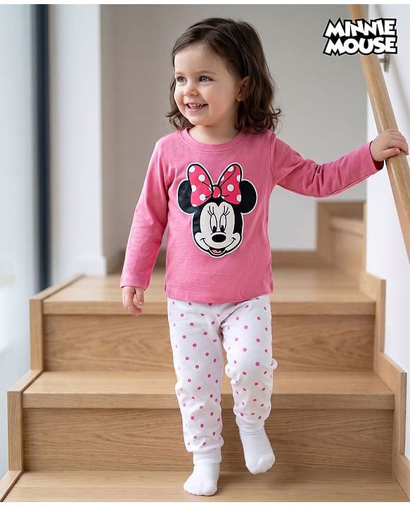 Babyhug Disney Single Jersey Knit Full Sleeves Night Suit with Minnie Mouse Graphic - Pink
