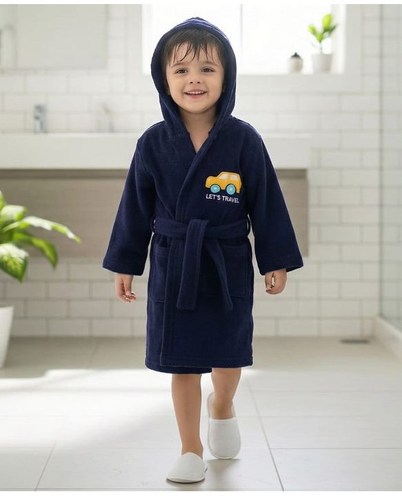 Babyhug 100% Cotton Terry Knit Full Sleeves Hooded Bathrobe With Embroidery - Navy Blue