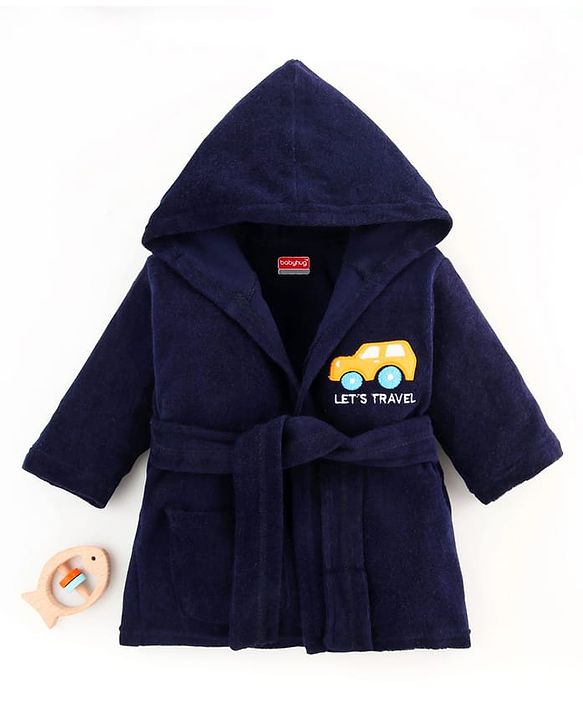 Babyhug 100% Cotton Terry Knit Full Sleeves Hooded Bathrobe With Embroidery - Navy Blue