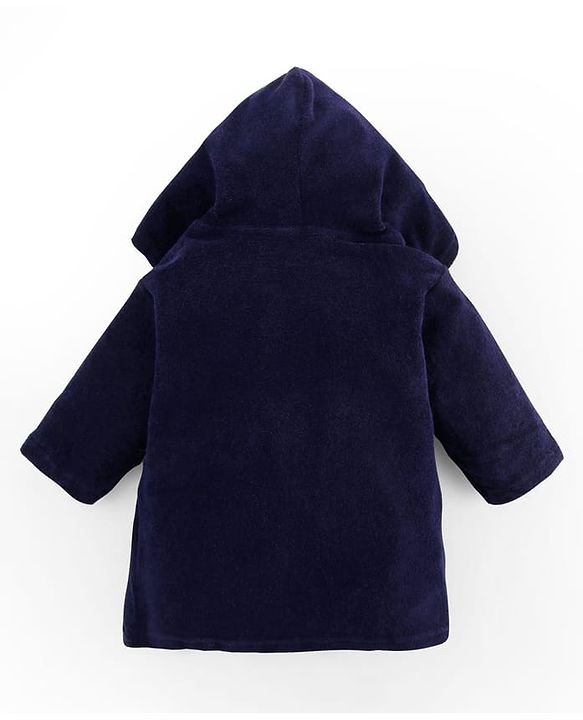 Babyhug 100% Cotton Terry Knit Full Sleeves Hooded Bathrobe With Embroidery - Navy Blue