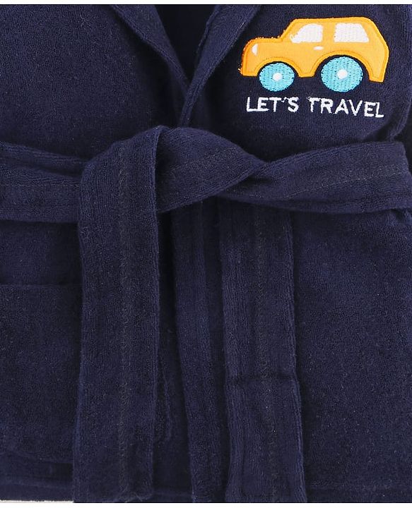 Babyhug 100% Cotton Terry Knit Full Sleeves Hooded Bathrobe With Embroidery - Navy Blue