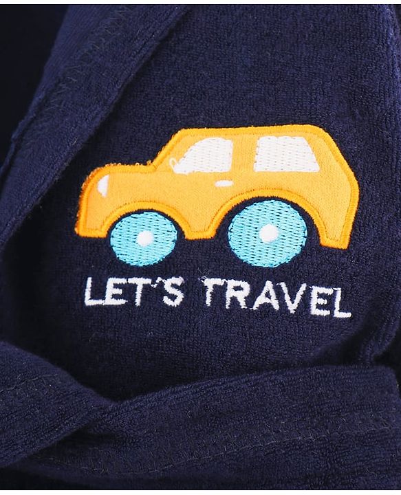 Babyhug 100% Cotton Terry Knit Full Sleeves Hooded Bathrobe With Embroidery - Navy Blue