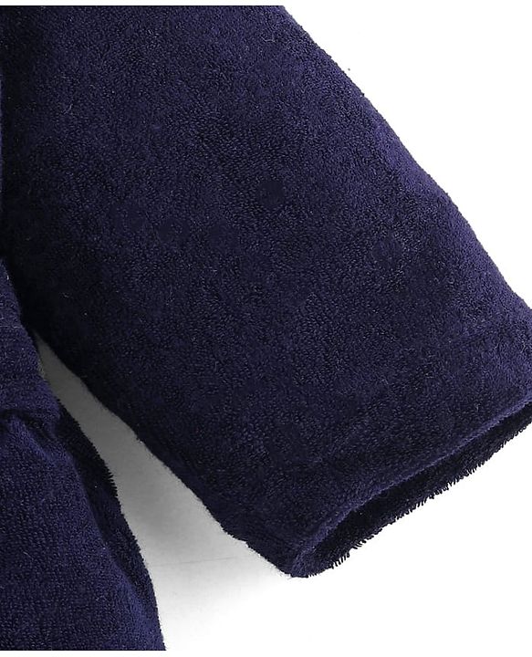 Babyhug 100% Cotton Terry Knit Full Sleeves Hooded Bathrobe With Embroidery - Navy Blue