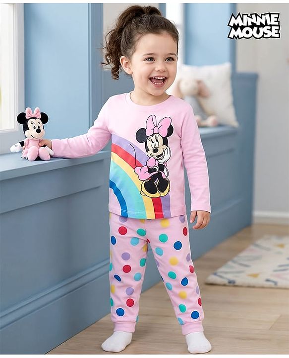 Babyhug Disney Single Jersey Knit Full Sleeves Night Suit With Minnie Mouse Graphics - Pink