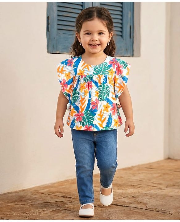 Babyhug Rayon Knit Flutter Sleeves Top & Denim Jeans Set With Floral & Leaf Print - White & Blue