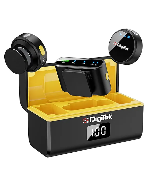 Digitek 2-in-1 Wireless Microphone DWM-116 with 4GHz Magnetic Collar Clip 360° Sound Capture 40m Range 6Hr Battery Type C-to-C & C to LTC DSLR iOS & Android Compatible - Black