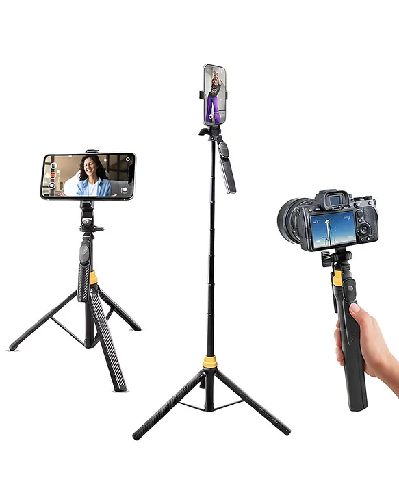 Digitek Tripod DTR 555 SS Foldable Selfie Stick for Smartphones & Gopro Action Cameras with 360° Rotation 3-Leg Base 10m Wireless Remote & 7 Section Adjustable for Selfie & Vloggers - Black