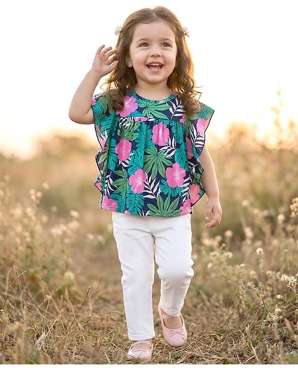 Babyhug Rayon Knit Flutter Sleeves Top & Denim Jeans Set With Floral & Leaf Print - Navy Blue & White