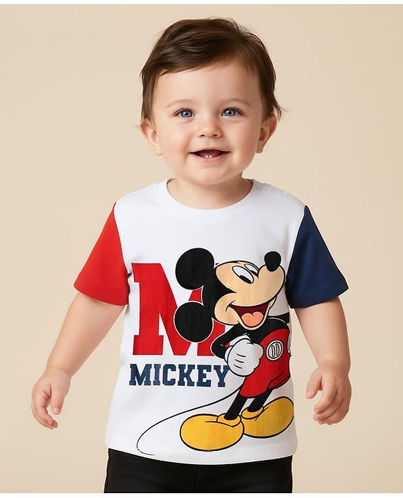 Babyhug Disney Single Jersey Knit Half Sleeves T-Shirt with Mickey Mouse Graphics - White