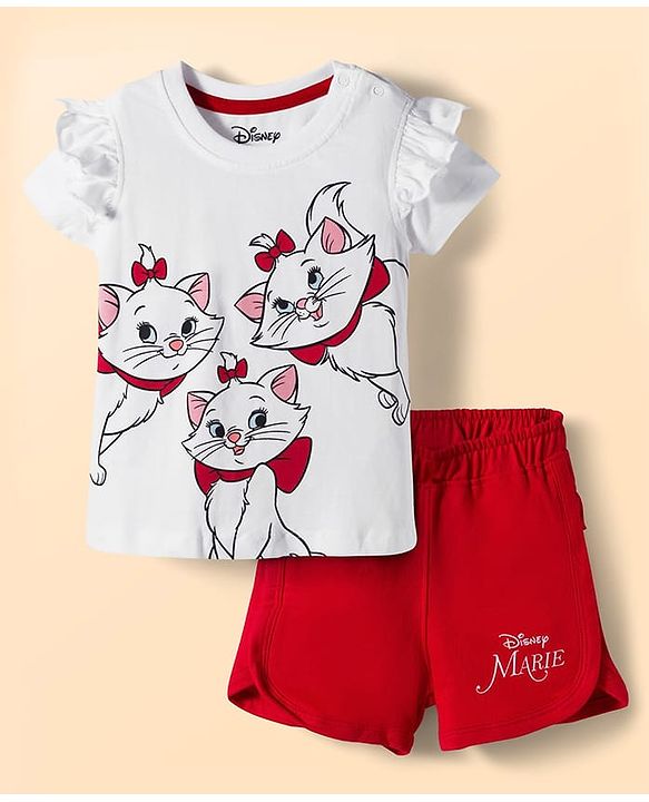 Babyhug Disney Single Jersey Knit Half Frill Sleeves T-Shirt with Shorts Set and Marie Graphic - Red & White